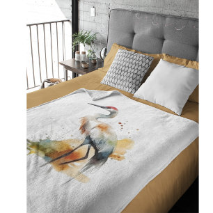 beautiful crane in watercolor fleece blanket