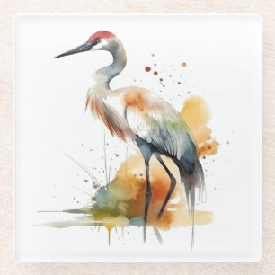 beautiful crane in watercolor glass coaster