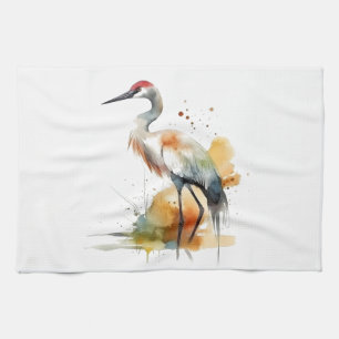 beautiful crane in watercolor tea towel