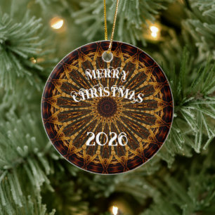 Beautiful Cream, Green, Burgundy Basket Weave Ceramic Ornament