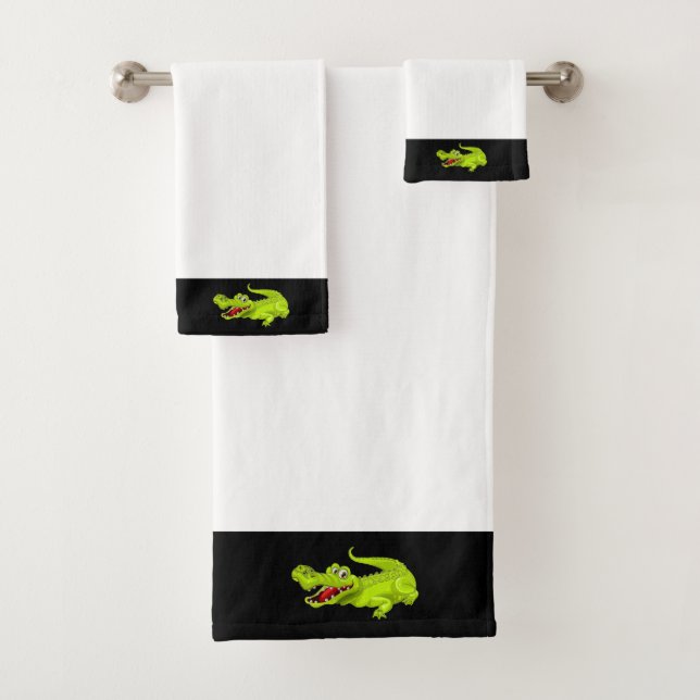 Beautiful Crocodile on Black and White Bath Towel Set (Insitu)
