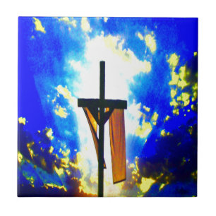 Beautiful Cross Blue and Yellow Sky Ceramic Tile