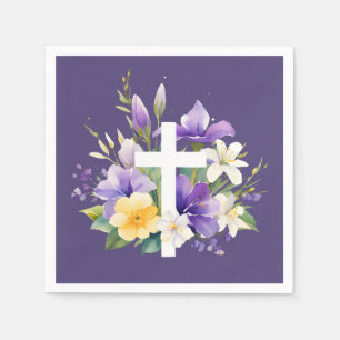 Beautiful Cross Purple Floral Religious Easter Napkin