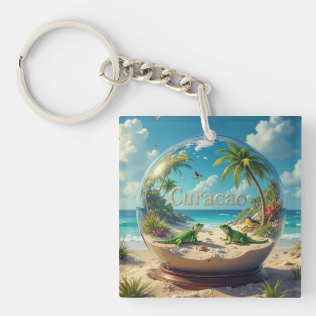 Beautiful curacao beach globe key ring (Front)