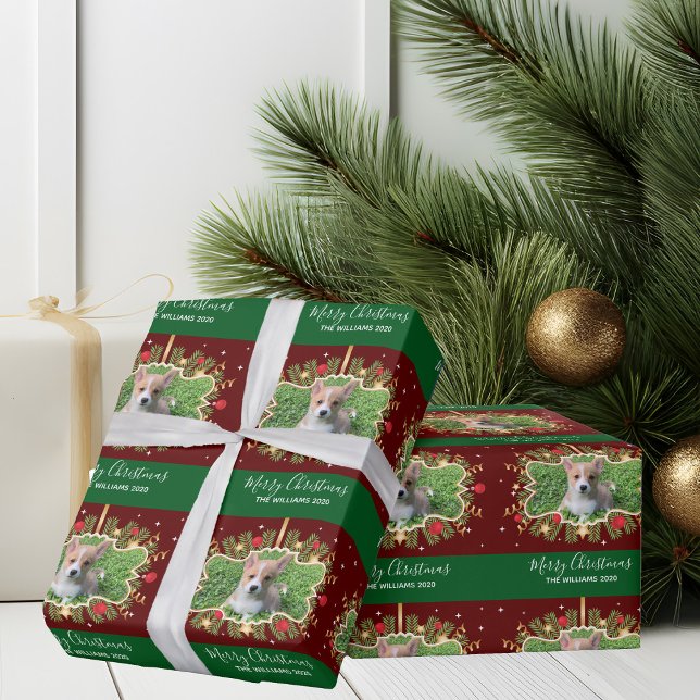 Beautiful Custom Dog Photo Christmas Red Green Wrapping Paper (Creator Uploaded)