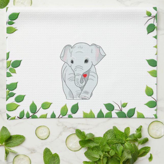 Beautiful Custom Elephant & Green Leaves on White Tea Towel (Folded)