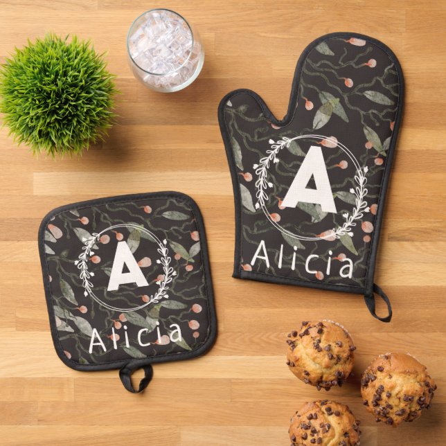 Beautiful Custom Initial Name Floral Patterns Oven Mitt & Pot Holder Set (Top Down)