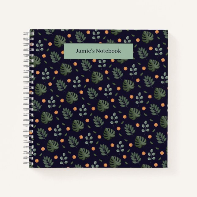 Beautiful Custom Name Modern Leaf Spiral Notebook (Front)