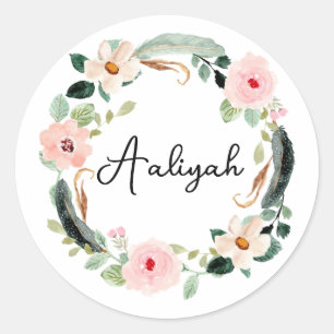 Beautiful Custom Name Monogram Floral Wreath  Classic Round Sticker