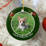 Beautiful Custom Pet Photo Keepsake Christmas Ceramic Ornament<br><div class="desc">This beautiful custom pet photograph ornament features a photograph of your dog or cat and personalised text underneath. Add your own doggy photo for a cute keepsake present. Decorated with pretty floral sprays on either side of the picture. Elegant Christmas flowers complete the picture. Gorgeous green border for the holidays....</div>