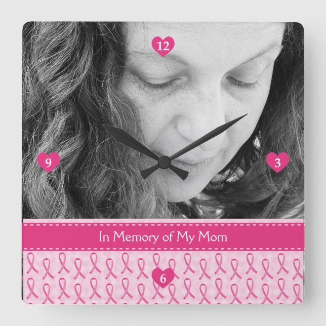 Beautiful Custom Pink Ribbon Memorial Square Wall Clock (Front)