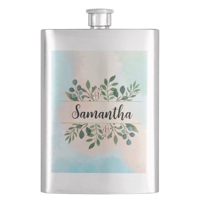Beautiful Customisable Name Green Leaves Rainbow Hip Flask (Front)