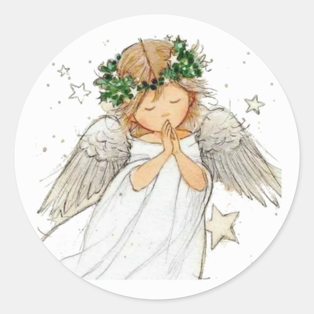 Beautiful Cute Angel Praying Rosary, Classic Round Classic Round Sticker (Front)