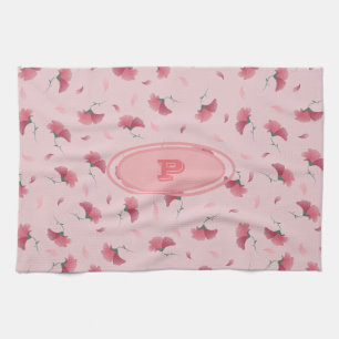 Beautiful & Cute Girly Pink Floral Pattern Initial Tea Towel