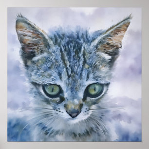 Beautiful Cute Grey Tabby Kitten Watercolor Art Poster