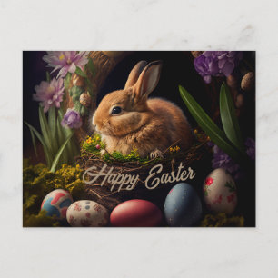 Beautiful cute little Easter Bunny in eggs nest Postcard