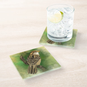 Beautiful Cute Little Sparrow Migned Painting Art Glass Coaster