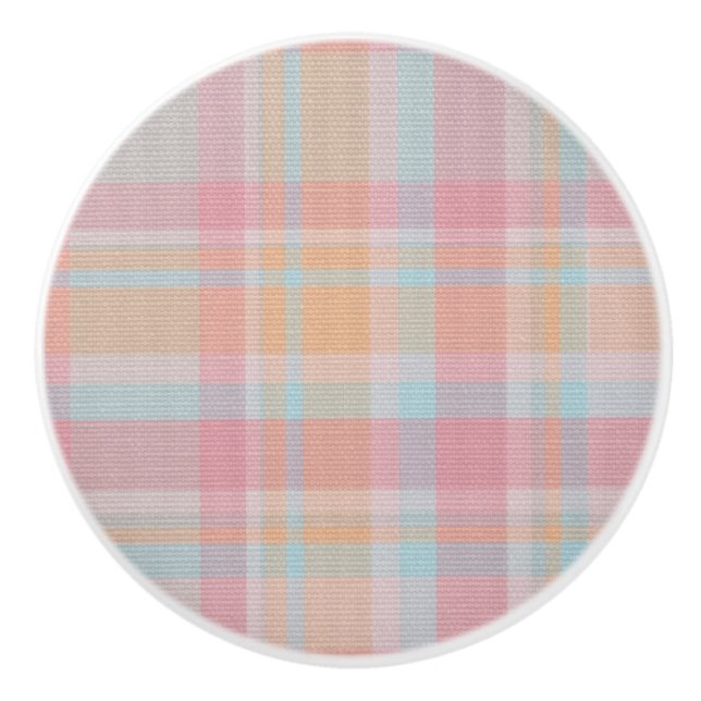 Beautiful cuty colours pink and blue plaid tartan  ceramic knob (Front)