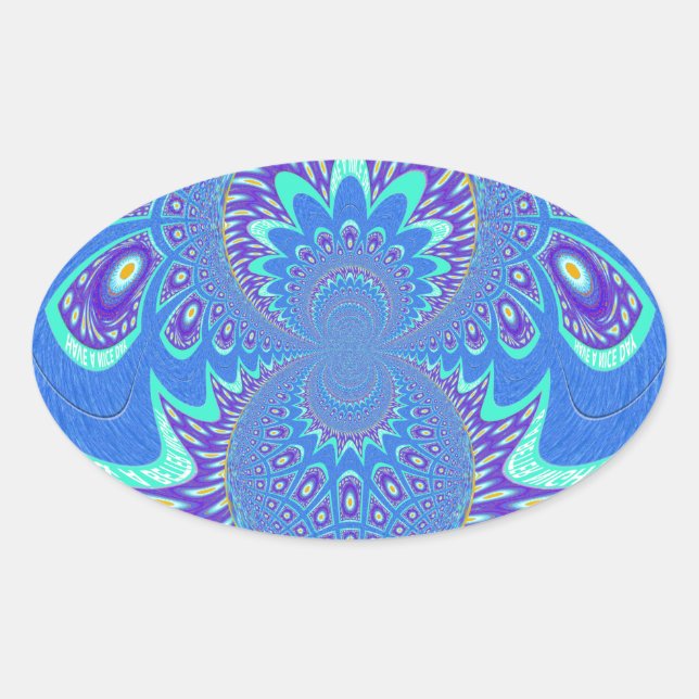 Beautiful cyan blue kaleidoscope vector art design oval sticker (Front)