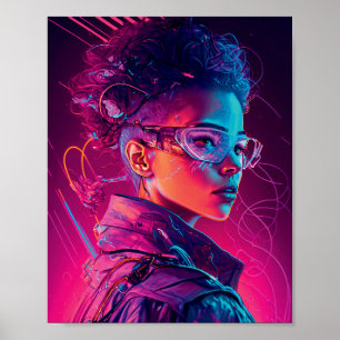 Beautiful Cyber Girl Synthwave Cool Women Portrait Poster