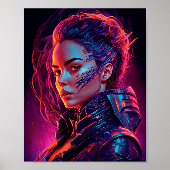 Beautiful Cyber Girl Synthwave Cool Women Portrait Poster (Front)