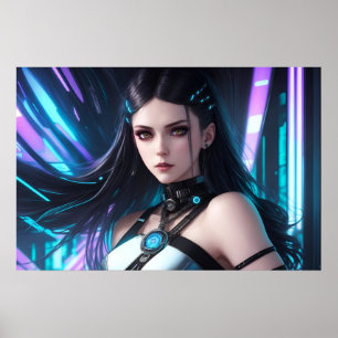Beautiful Cyberpunk Woman Portrait Poster