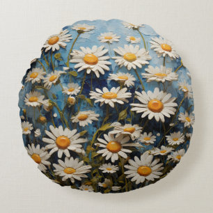 Beautiful daisies on blue background round cushion