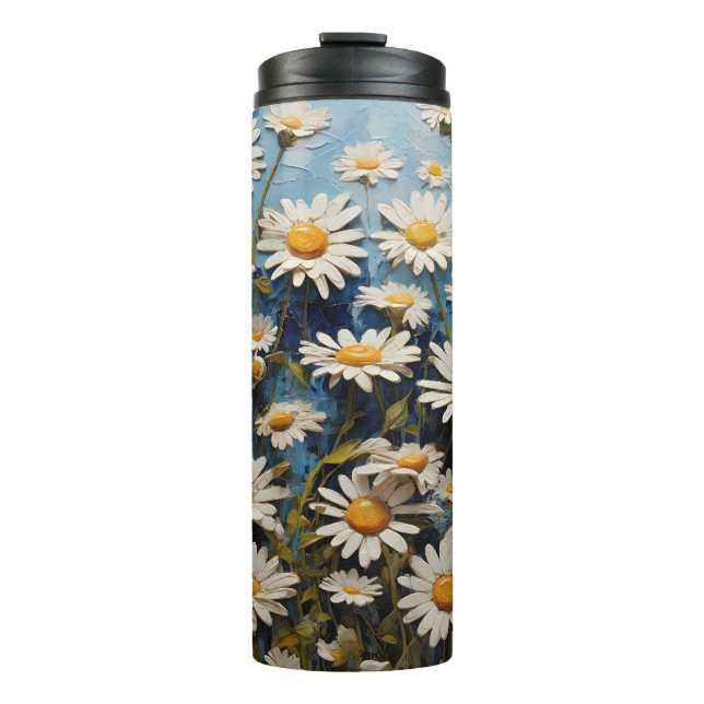 Beautiful daisies on blue background thermal tumbler (Front)
