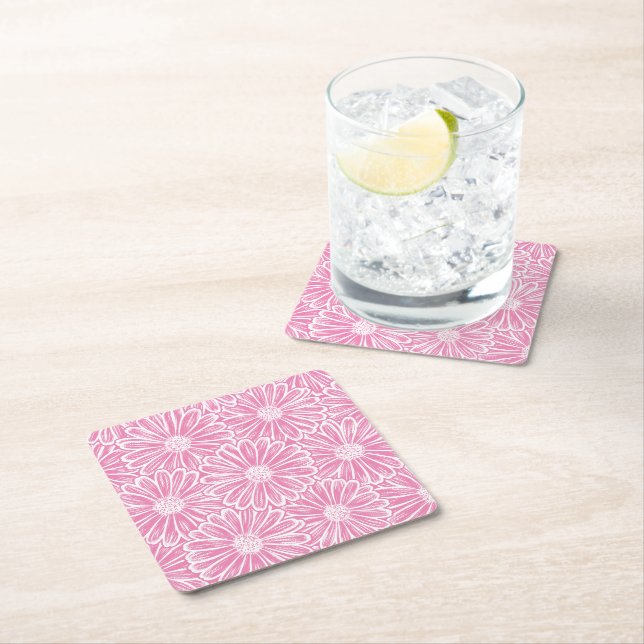 Beautiful Daisy Flower, Halftone Illustration Square Paper Coaster (Insitu)