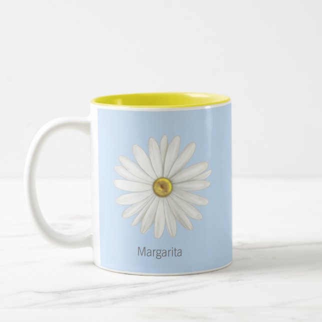 Beautiful Daisy Flower on Light Blue Two-Tone Coffee Mug (Left)