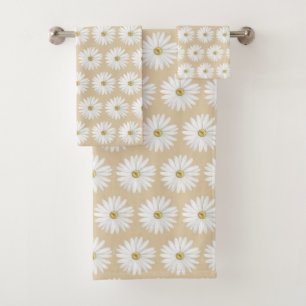 Beautiful Daisy Flower Pattern on Sand Beige Bath Towel Set