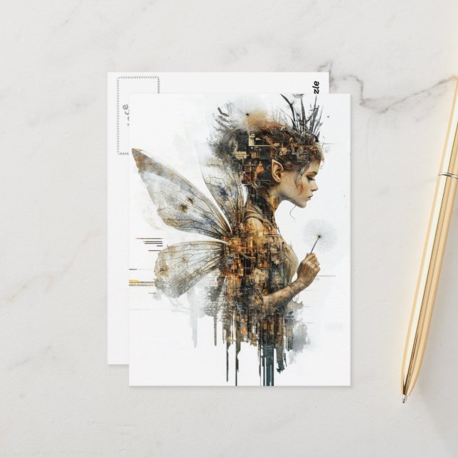 Beautiful Dandelion Fairy Glitch Postcard (Front/Back In Situ)
