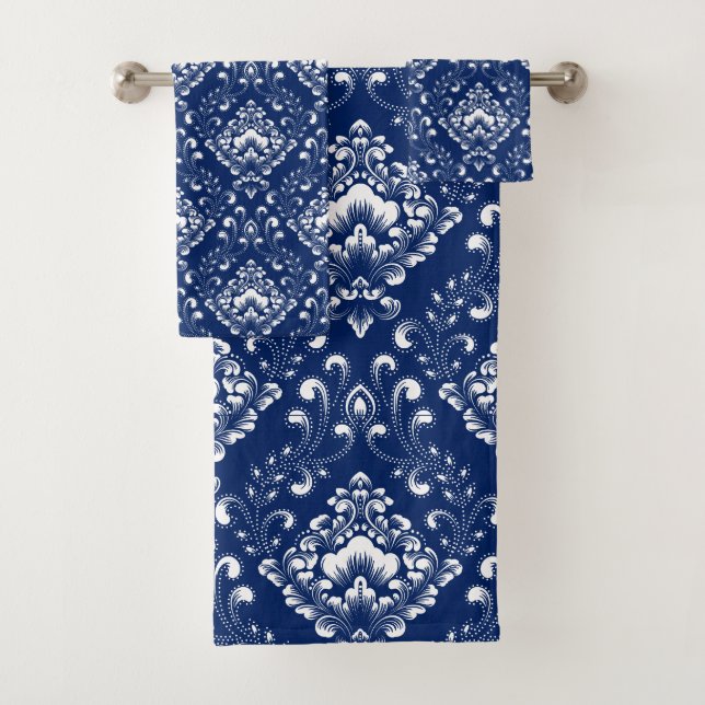 Beautiful dark blue and white floral pattern bath towel set (Insitu)