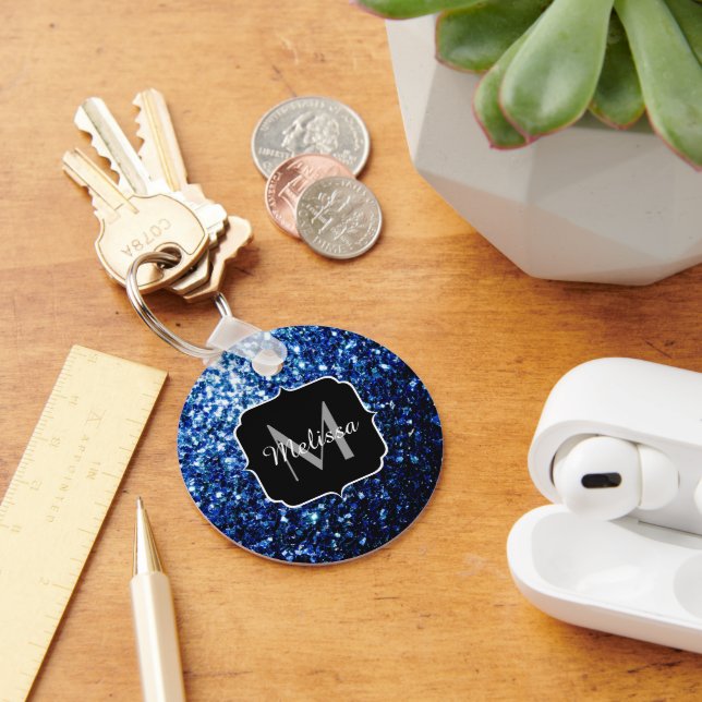 Beautiful Dark Blue glitter sparkles Monogram Key Ring (Desk)