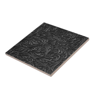 Beautiful Dark Flower Leaves - Art Wood Carving Ceramic Tile