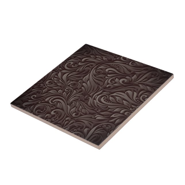 Beautiful Dark Flower Leaves - Brown Wood Carving Ceramic Tile (Side)
