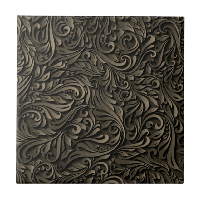 Beautiful Dark Flower Leaves - Wood Carving - Gold Ceramic Tile (Front)