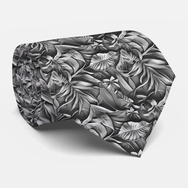 Beautiful Dark Gray Leaf Pattern Faux Leather  Tie (Rolled)