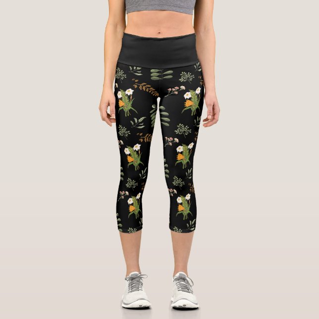 Beautiful dark moody botanical print capri leggings (Front)