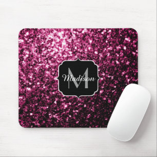 Beautiful Dark Pink glitter sparkles Monogram Mouse Pad