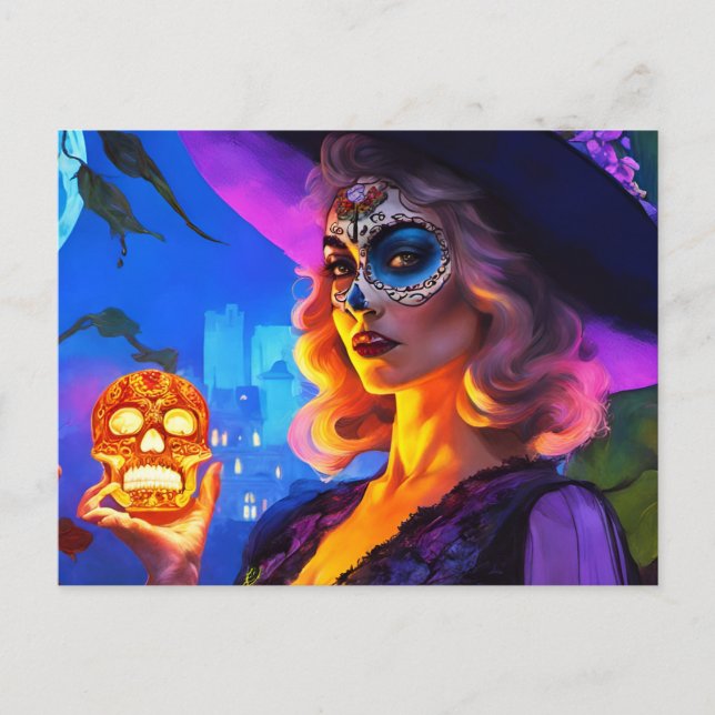 Beautiful Day of The Dead Woman With Sugar Skull Postcard (Front)