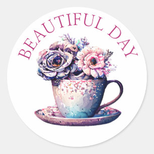 Beautiful Day Pretty Vintage Tea Cup of Flowers Classic Round Sticker