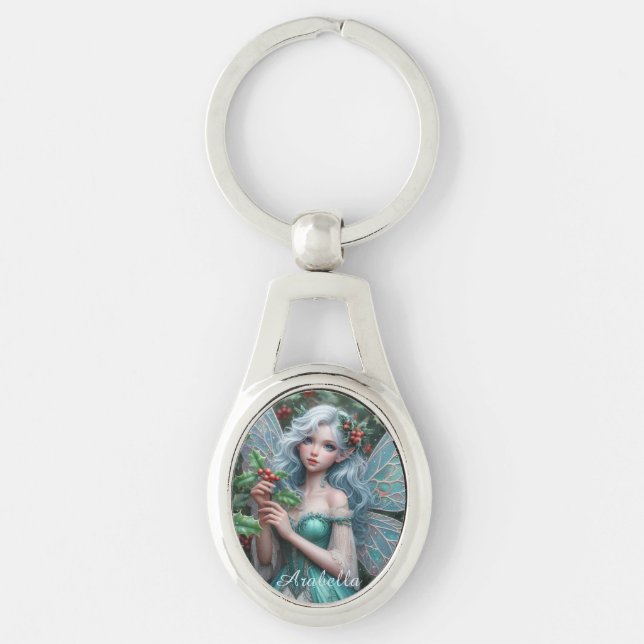 Beautiful December Fairy in Holly Key Ring (Front)