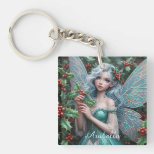 Beautiful December Fairy in Holly Key Ring
