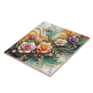 Beautiful Decorative Roses on Colourful Background Ceramic Tile