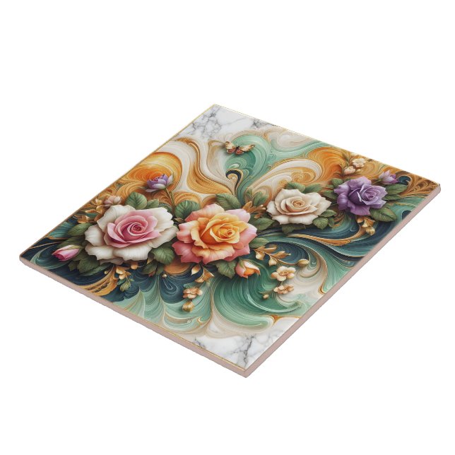 Beautiful Decorative Roses on Colourful Background Ceramic Tile (Side)