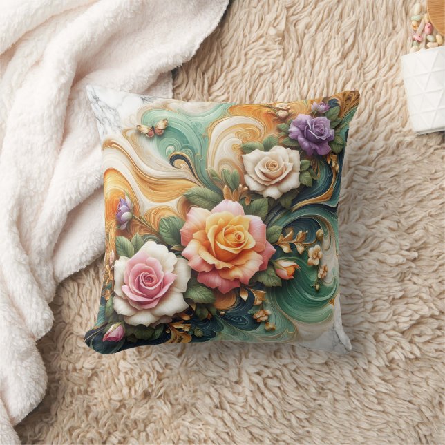 Beautiful Decorative Roses on Colourful Background Cushion (Blanket)
