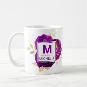Beautiful Deep Purple and Gold Flowers Monogram Coffee Mug