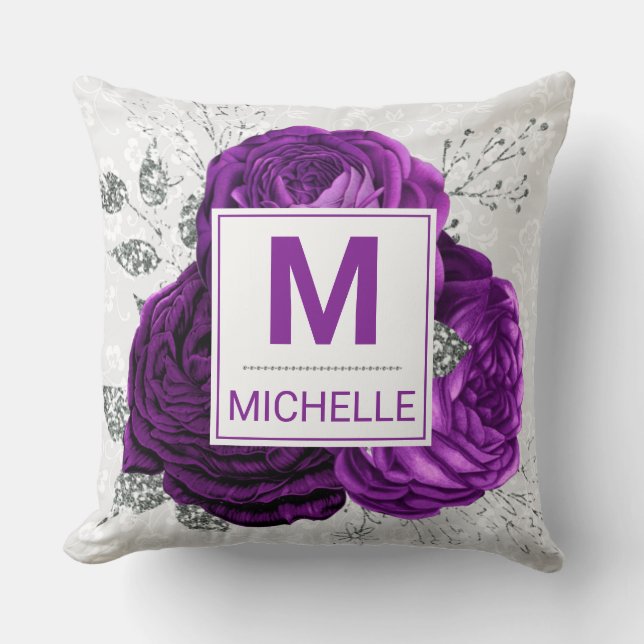 Beautiful Deep Purple and Silver Flowers Monogram Cushion (Front)