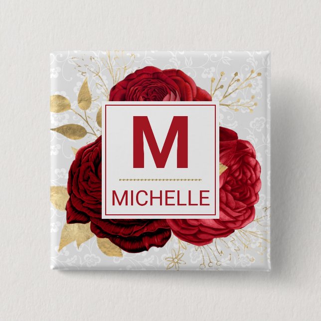 Beautiful Deep Red and Gold Flowers Monogram 15 Cm Square Badge (Front)